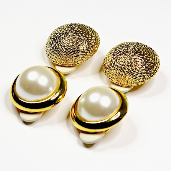 1980s Gold Tone Dome Clip-On Earrings 2 Pairs Vintage Statement Jewelry - Picture 2 of 3